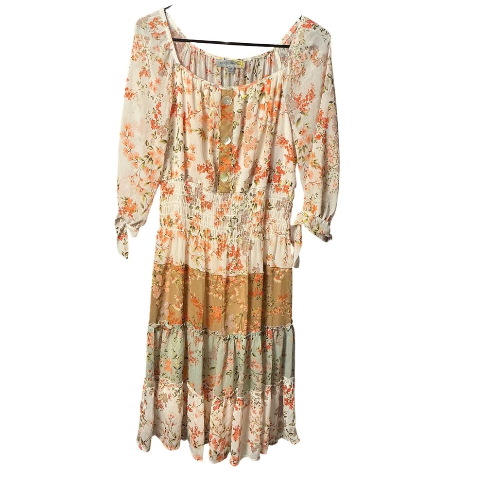 Figueroa & Flower Floral Tiered Midi Dress Smocked Waist Boho SAN53C95 Medium